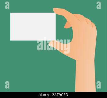 Vector illustration of hand holding a business card template isolated on green background. Arm showing white visit card, flat design. Job hiring, presenting and acquaintance in office concept. Stock Vector