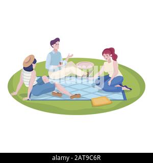 Best friends spending time together at summer picnic and relaxing at summer weekends or vacation outdoor. Young man and two girls in comfortable clothes, summer day vector flat illustration. Stock Vector