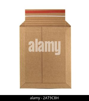 Retro style post mail envelope isolated on white background. Recycled cardboard paper. It is hard as a box and protects the goods from damage. Stock Photo