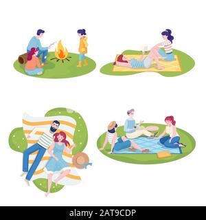 Set of happy people on summer camping flat vector illustration. Best friend characters at summer picnic, family cooking marshmallow, couple and two young girls spending time together. Stock Vector