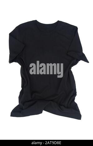 Black tshirt front isolated on a light background.  Short sleeved shirt casual clothing laying flat with room for text and graphics. Stock Photo