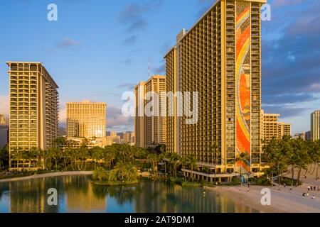 Waikiki, HI - 19 January 2020: Aerial view of the rainbow tower at the front of Hilton Hawaiian Village on Waikiki beach in Hawaii Stock Photo