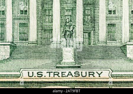 Macro close up photograph of the US Treasury Building on the US Ten Dollar Bill. Stock Photo