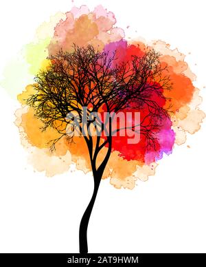 Vector Watercolor Red and Orange Tree Illustration Stock Vector