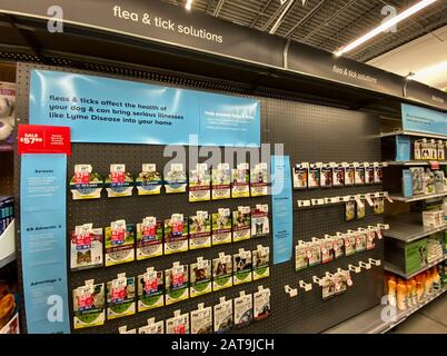 Orlando, FL/USA-1/29/20: A display of pet flea and tick solutions for sale at a Petsmart Superstore ready for pet owners to purchase for their pets. Stock Photo