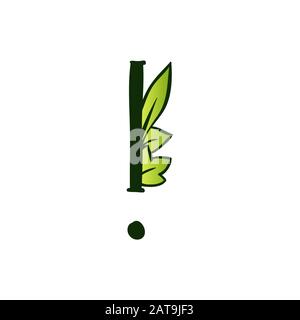 Green Doodling Eco Alphabet Letter Exclamation Mark.Type with Leaves. Isolated Latin Uppercase. Typography Bold Spring Letter or Doodle abc Characters for Monogram Words and Logo. Stock Vector