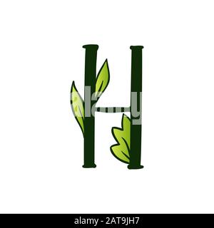 Green Doodling Eco Alphabet Letter H.Type with Leaves. Isolated Latin Uppercase. Typography Bold Spring Letter or Doodle abc Characters for Monogram Words and Logo. Stock Vector
