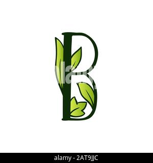 Green Doodling Eco Alphabet Letter B.Type with Leaves. Isolated Latin Uppercase. Typography Bold Spring Letter or Doodle abc Characters for Monogram Words and Logo. Stock Vector