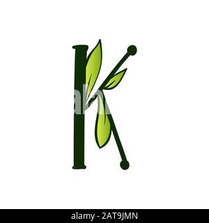 Green Doodling Eco Alphabet Letter K.Type with Leaves. Isolated Latin Uppercase. Typography Bold Spring Letter or Doodle abc Characters for Monogram Words and Logo. Stock Vector