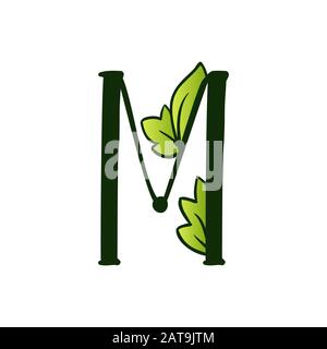 Green Doodling Eco Alphabet Letter M.Type with Leaves. Isolated Latin Uppercase. Typography Bold Spring Letter or Doodle abc Characters for Monogram Words and Logo. Stock Vector
