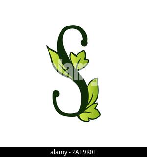 Green Doodling Eco Alphabet Letter S.Type with Leaves. Isolated Latin Uppercase. Typography Bold Spring Letter or Doodle abc Characters for Monogram Words and Logo. Stock Vector