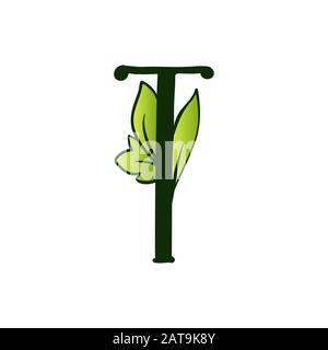 Green Doodling Eco Alphabet Letter T.Type with Leaves. Isolated Latin Uppercase. Typography Bold Spring Letter or Doodle abc Characters for Monogram Words and Logo. Stock Vector