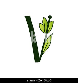 Green Doodling Eco Alphabet Letter V.Type with Leaves. Isolated Latin Uppercase. Typography Bold Spring Letter or Doodle abc Characters for Monogram Words and Logo. Stock Vector