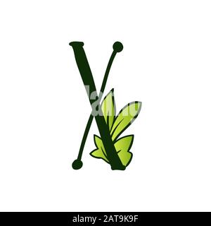 Green Doodling Eco Alphabet Letter X.Type with Leaves. Isolated Latin Uppercase. Typography Bold Spring Letter or Doodle abc Characters for Monogram Words and Logo. Stock Vector
