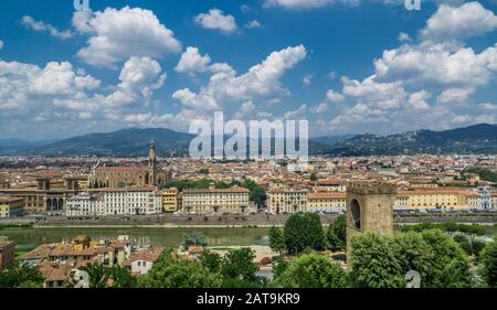 panoramic view of Florence from  Piazzale Michelangelo, in the forground the Tower of San Niccolò, once part of a gate or porta in the former defensiv Stock Photo