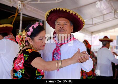 Portrait of a senior couple Mexican traditional dancers, performing at an event in Oaxaca Stock Photo
