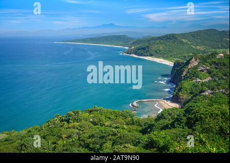 View from Cerro Majaguas to Playa Canalan, Punta Raza and El Monteon; Riviera Nayarit, Mexico. On a hike with Explore Mexico out of Los de Marcos. Vie Stock Photo