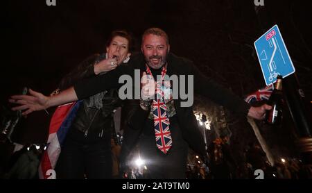 London, UK. 31st Jan, 2020. Brexit supporters celebrate leaving the European Union as they congregate in Parliament Square before the deadline at 11 pm tonight in London on Friday, December 31, 2020. Photo by Hugo Philpott/UPI Credit: UPI/Alamy Live News Stock Photo
