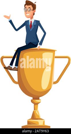 cartoon businessman sitting on big trophy, colorful design Stock Vector
