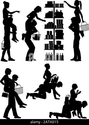 Set of editable vector silhouettes of men carrying their female partner whilst shopping as a cliche of the male attitude of shopping with women being
