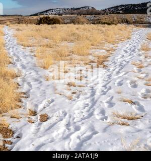 Square frame Hiking trails covered with snow overlooking scenic hills and lake in winter Stock Photo