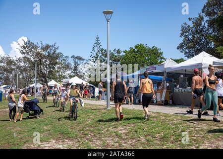 Market day in Byron Bay during summer, stallholders sell a range of clothing and homewares, Australia Stock Photo