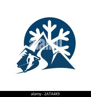 silhoutte of ice mountain and skiing person for ski logo vector design Stock Vector