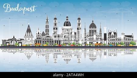 Budapest Hungary City Skyline with Gray Buildings, Blue Sky and Reflections. Vector Illustration. Business Travel and Tourism Concept. Stock Vector