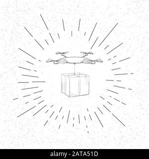 Hand Drawn Symbol of Quadrocopter  Drone Delivery with Package -  Doodle Vector Hatch Icon Stock Vector