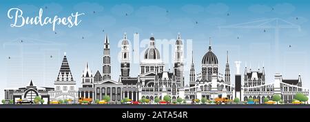 Budapest Hungary City Skyline with Gray Buildings and Blue Sky. Vector Illustration. Business Travel and Tourism Concept with Historic Architecture. Stock Vector