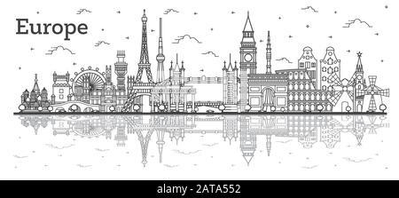 Outline Famous Landmarks in Europe with Reflections. Vector Illustration. Business Travel and Tourism Concept. Image for Presentation, Banner, Placard Stock Vector
