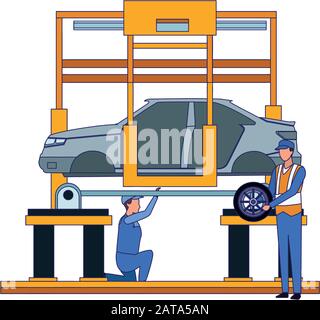 mechanics working under a car icon Stock Vector