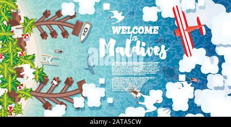 Maldives Beach on Island. Summer Background with Tropical Beach, Palms, Hotel, Clouds and Airplane. Aerial View. Vector Illustration. Stock Vector