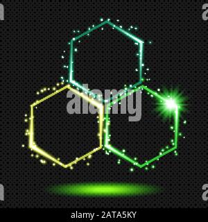 Green Shining Honeycombs Circle Logo Sign with Sparks on Transparent Background  - Vector Glowing Neon Hexagon Cellular Structure Stock Vector