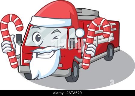 Fire truck Cartoon character in Santa costume with candy Stock Vector