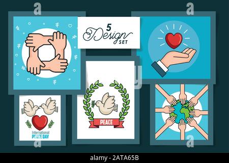 five designs of international peace day with icons Stock Vector