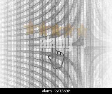 Close Up Hand Cursor and Site Hight Quality Five-Star Rating Stars Icons on Computer LCD Screen Pixel Background  - Vector Macro Image Digital Concept Stock Vector