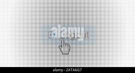 Close Up Hand Cursor and Internet Site Logout Button on Computer LCD Screen Pixel Background  - Vector Macro Image Digital Concept Stock Vector