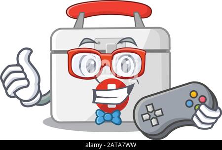 Smiley gamer first aid kit cartoon mascot style Stock Vector