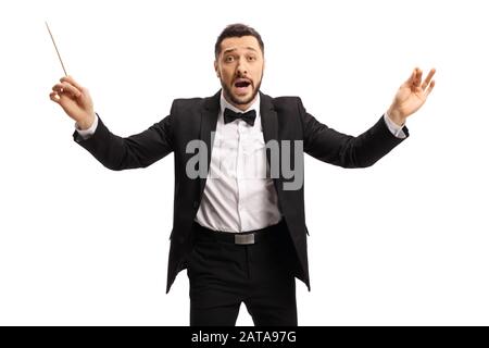 Man in a suit conducting with a baton isolated on white background Stock Photo
