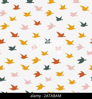 Colorful Crane Birds Japanese Seamless Pattern. Simple Birds Silhouettes for pillows print design, wallpapers, backdrops or fabric textile. Flying elegant swallows, white blackground Stock Vector