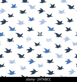 Blue Crane Birds Japanese Seamless Pattern with Simple Birds Silhouettes for pillows print design, wallpapers, backdrops or fabric textile. Flying elegant swallows, white blackground Stock Vector
