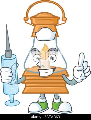 Smiley Nurse oil lamp cartoon character with a syringe Stock Vector