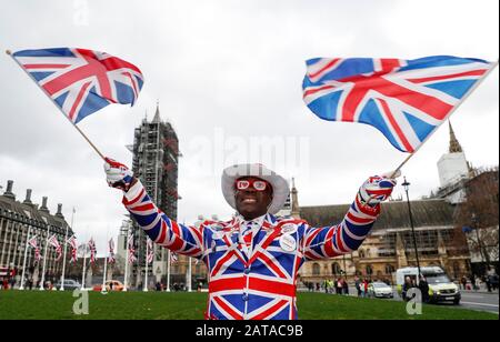 London, UK. 31st Jan, 2020. A demonstrator poses at the Parliament Square in London, Britain on Jan. 31, 2020. Credit: Han Yan/Xinhua/Alamy Live News Stock Photo