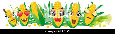 Yellow corn border. Cute cartoon emoji vegetables Stock Vector