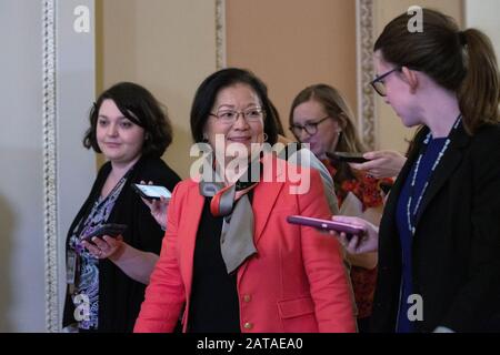 Washington, DC, USA. 31st Jan, 2020. United States Senator Mazie Hirono (Democrat of Hawaii) speaks to members of the media during a brief recess in the impeachment trial of United States President Donald J. Trump on Capitol Hill in Washington, DC, U.S., on Friday, January 31, 2020. Credit: Stefani Reynolds/CNP | usage worldwide Credit: dpa/Alamy Live News Stock Photo