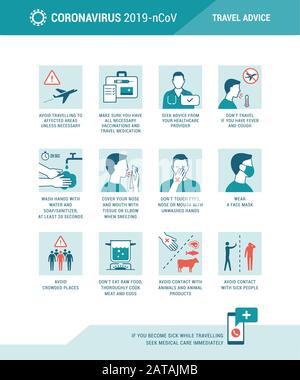 Coronavirus travel advice and prevention medical infographic Stock Vector