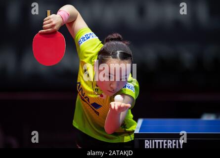 Magdeburg, Germany. 01st Feb, 2020. Table tennis: German Open, women, singles, quarter finals, Ito (Japan) - Ding (China). Mima Ito in action. Credit: Swen Pförtner/dpa/Alamy Live News Stock Photo