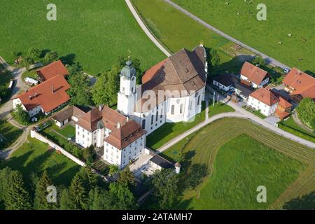 AERIAL VIEW. Historic Church of Wies. Steingaden, District of Weilheim-Schongau, Bavaria, Germany. Stock Photo