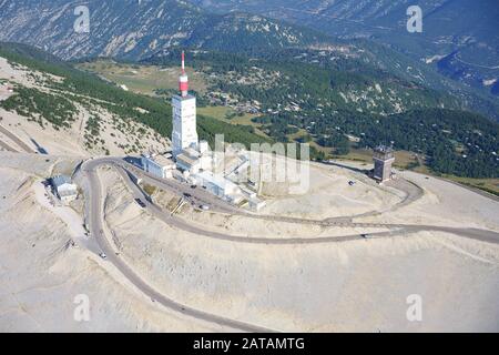 AERIAL VIEW. Summit of Mont Ventoux (elevation: 1909 meters) with its telecommunication antenna. Bédoin, Vaucluse, Provence-Alpes-Côte d'Azur, France. Stock Photo